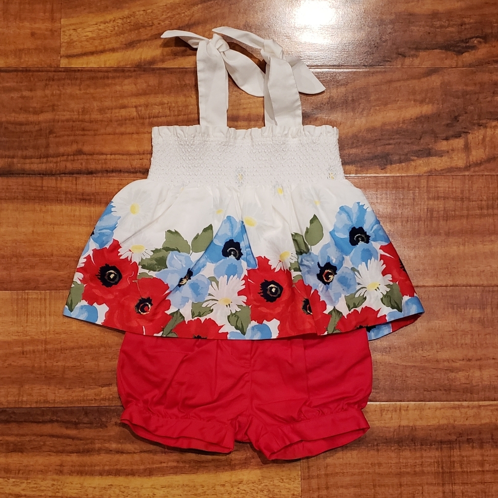 Janie and Jack EUC 12-18 months floral smocked blouse and red shorts